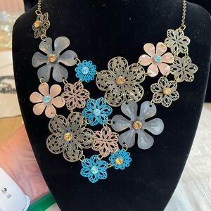 Floral Statement Necklace in Gold, Blue, and Pink
